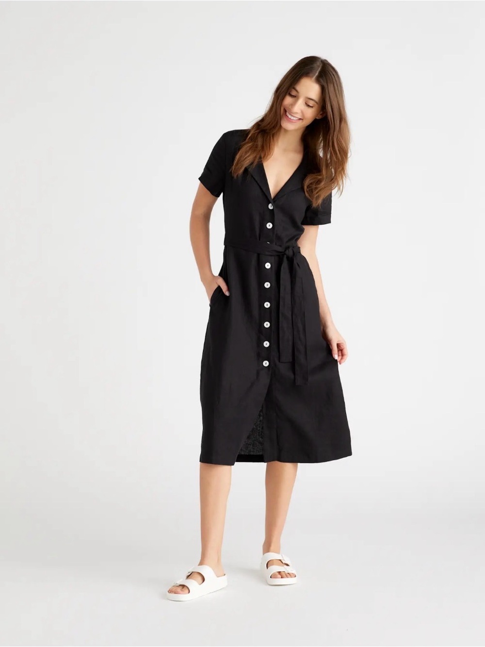 Quince 100% Linen European Button-Front Tie-Waist Midi Dress in Black